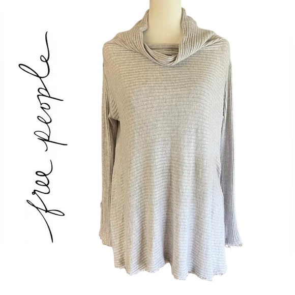 FREE PEOPLE We the Free Size S Ribbed Cowl Neck Gray Tunic Top Split Back Boho - Picture 1 of 14